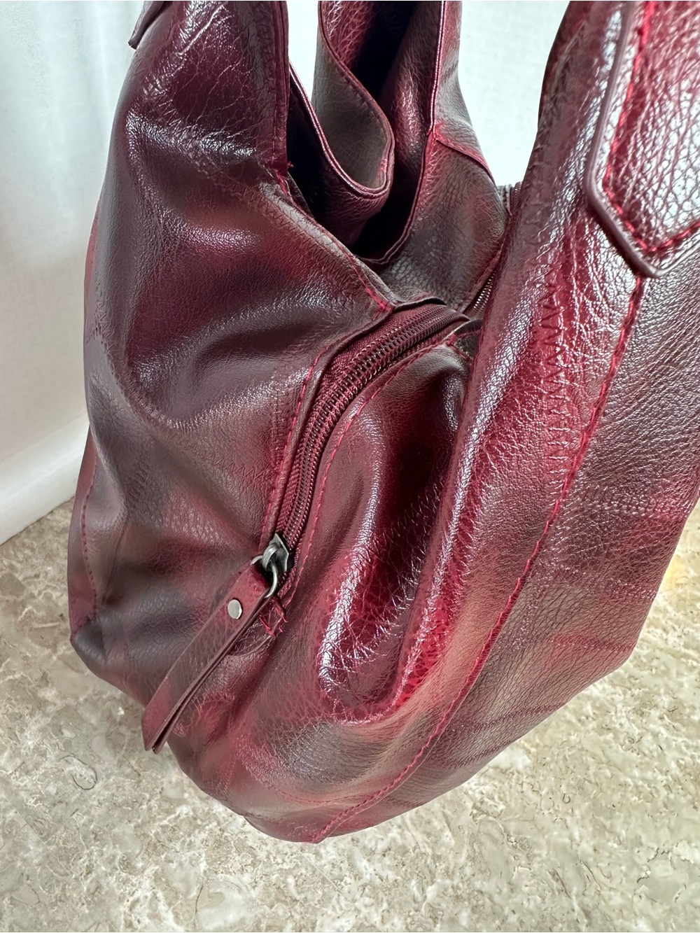 Burgundy Patchwork Hobo Bag Slouchy Vegan Leather Shoulder Purse Y2K Goth Grunge - Picture 8 of 14